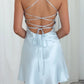 Baby Blue A Line Spaghetti Strap Sequin Satin Backless Short Prom Dress Homecoming Dress SH8600