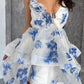 Romantic A Line V Neck Blue Print Tulle Short Prom Dress Homecoming Dress SH8628