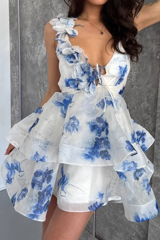Romantic A Line V Neck Blue Print Tulle Short Prom Dress Homecoming Dress SH8628