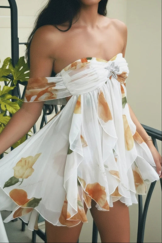 Ethereal A Line Off the Shoulder Print Ruffle Chiffon Short Prom Dress Homecoming Dress SH8617