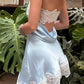 Sexy Baby Blue A Line Strapless Lace Satin Short Prom Dress Homecoming Dress SH8586