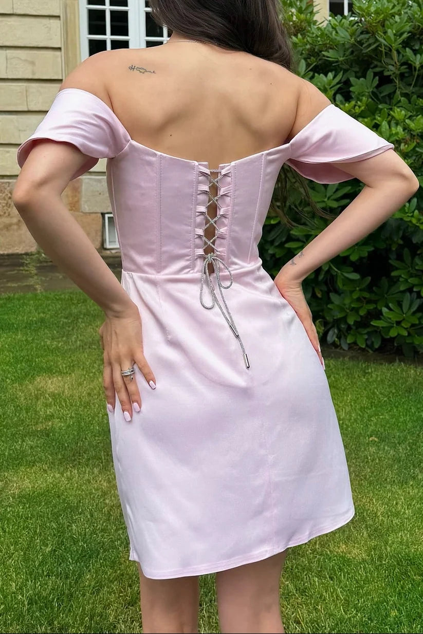 Pink A Line Off the Shoulder Satin Short Prom Dress Homecoming Dress SH8616
