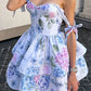 Purple A Line Spaghetti Strap Layered Print Satin Short Prom Dress Homecoming Dress SH8620
