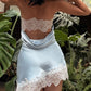 Sexy Baby Blue A Line Strapless Lace Satin Short Prom Dress Homecoming Dress SH8586