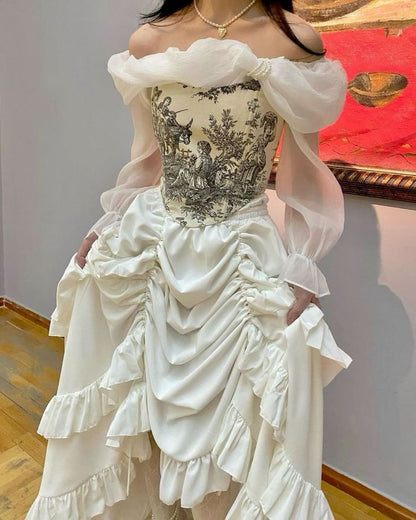 Vintage A Line Long Sleeve Print Satin Long Prom Dress Date Dress SH7432