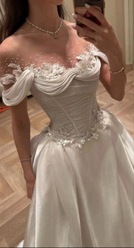 Elegant A Line Off the Shoulder Sequin Floral Beaded Satin Wedding Dress SH5950