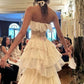 Unique Sheath Strapless Tiered Chiffon Satin Long Prom Dress Evening Dress SH2373