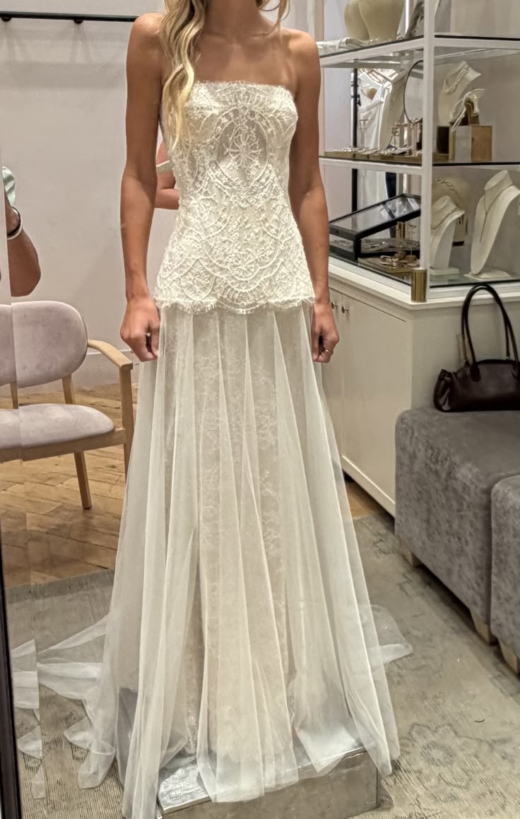 Beautiful A Line Strapless White Lace Long Prom Dress Wedding Dress SH8451
