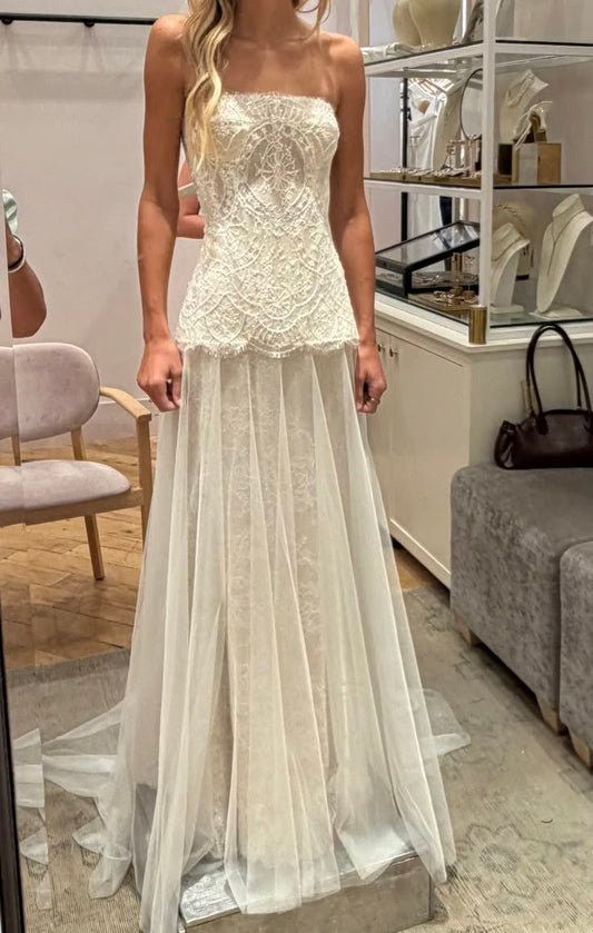 Beautiful A Line Strapless White Lace Long Prom Dress Wedding Dress SH8451