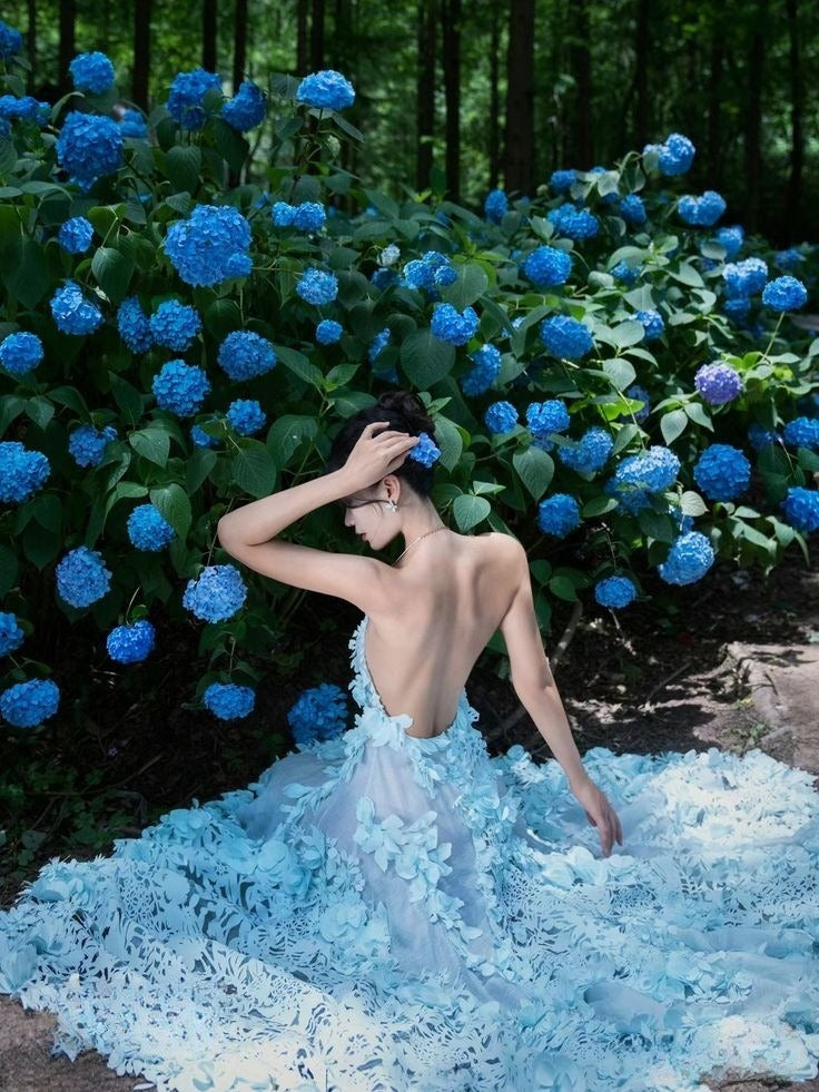 Blue A Line Spaghetti Strap Paper Cut Hollow Satin Open Back Long Party Dress Evening Dress SH2858