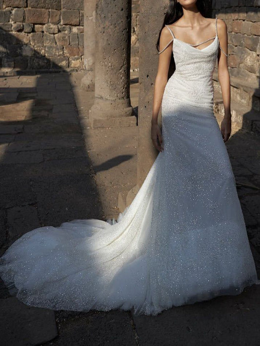 Elegant White Mermaid Spaghetti Straps Sequin Tulle Open Back Long Party Dress Date Dress SH3688