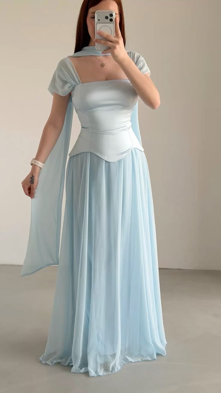 Baby Blue A Line Straps Chiffon Satin Long Prom Dress Evening Dress SH7036