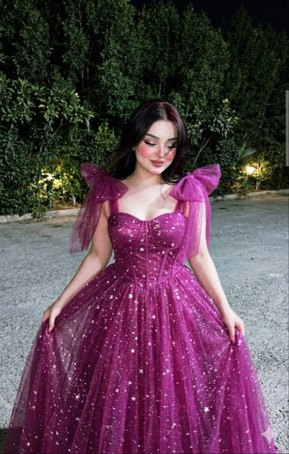 Jewel Cerise A Line Spaghetti Straps Sequin Tulle Long Prom Dress Date Dress SH7014