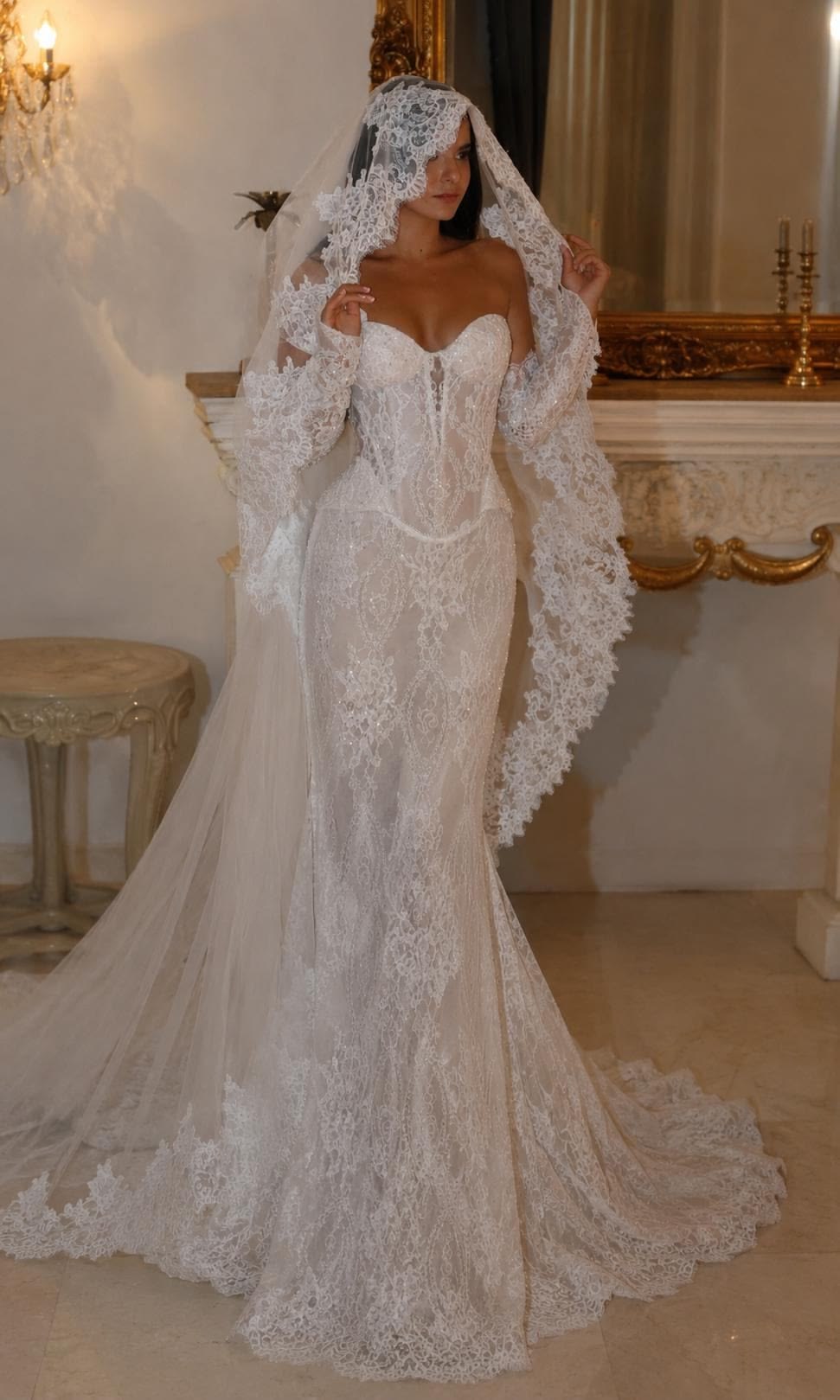 Stunning Mermaid Long Sleeve White Lace Long Train Wedding Dress SH8007