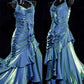 Vintage Mermaid Spaghetti Straps Ruffle Ice Blue Satin Long Length Prom Dress Evening Dress SH3096