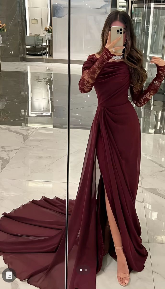 Elegant Burgundy Mermaid Long Sleeve Lace Chiffon Long Prom Dress SH8763