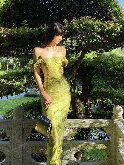 Elegant Sheath Straps Print Flower Green Satin Party Dress Evening Dress SH2867