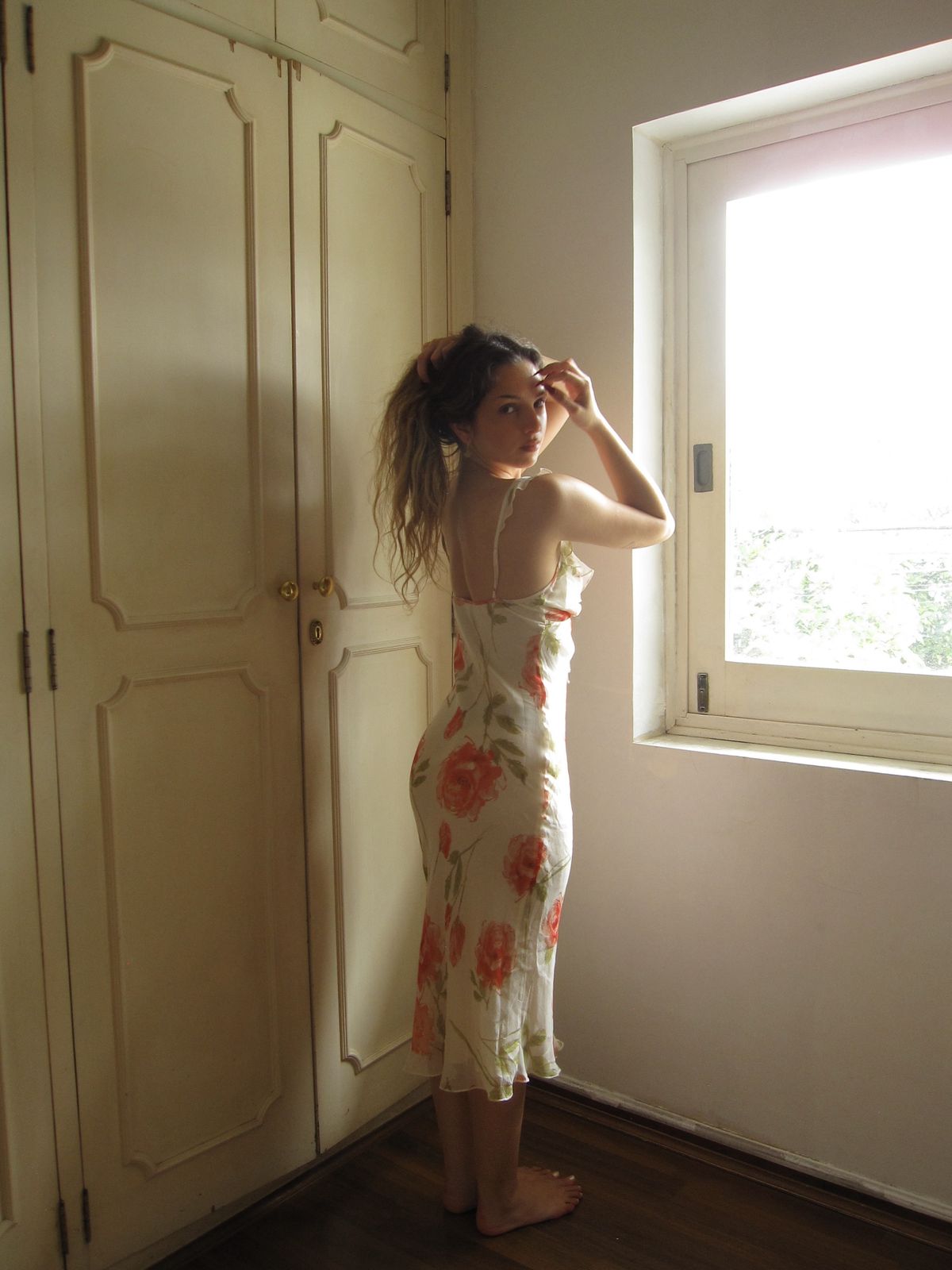 Gentle Sheath Straps Printed Floral Chiffon Tea Length Vacation Dress Outfits SH4517