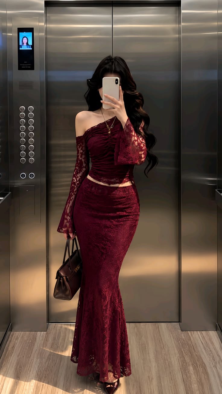 Two Piece Burgundy Mermaid Lace Long Prom Dress Evening Dress SH6953