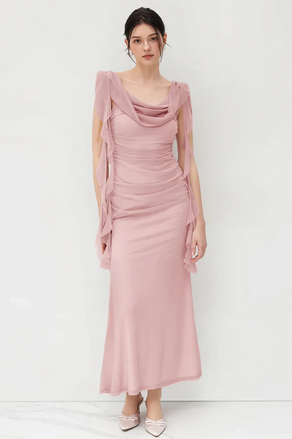 Pink Mermaid Strap Ruffle Chiffon Prom Dress Evening Dress SH5760