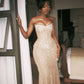Sexy Champagne Mermaid Strapless Rhinestone Satin Prom Dress Evening Dress SH4821