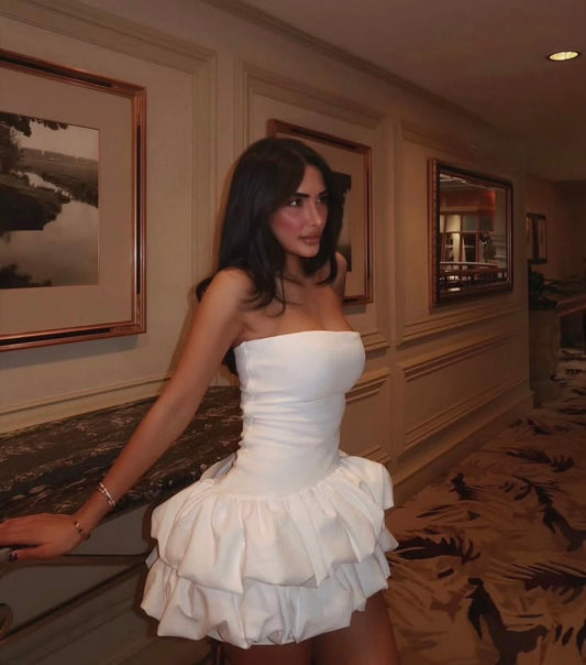 Cute White A Line Strapless Layered Satin Short Prom Dress Homecoming Dress SH8660
