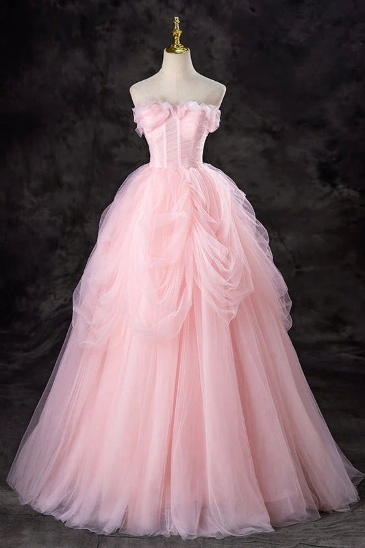 Gorgeous Strapless Pink Tulle Long Prom Dresses Evening Dresses SH1769