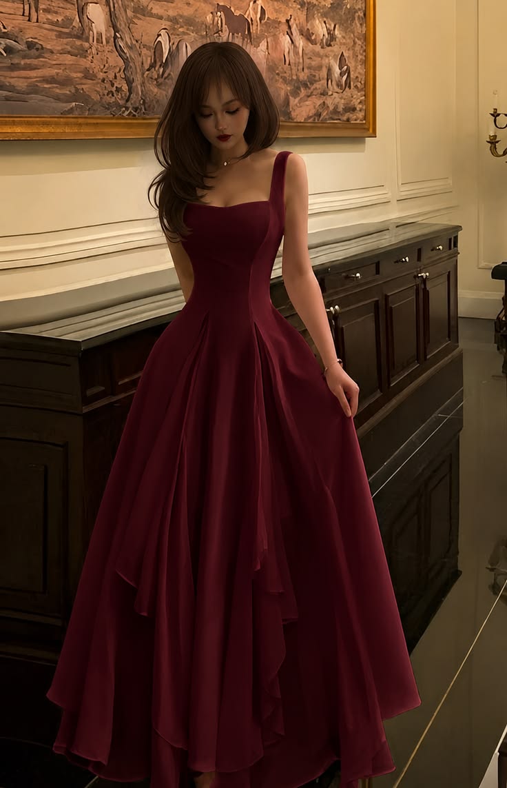 High-class Dark Burgundy A Line Spaghetti Strap Satin Long Prom Dress Evening Dress SH7041