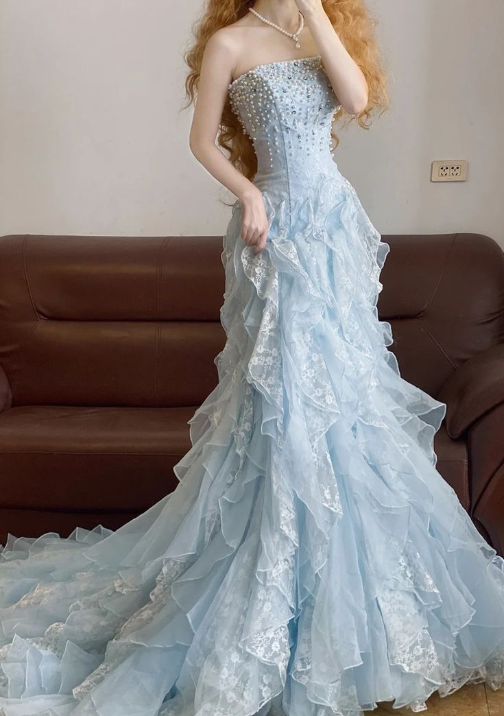 Romantic Mermaid Strapless Beaded Blue Lace Ruffle Organza Prom Dress ...