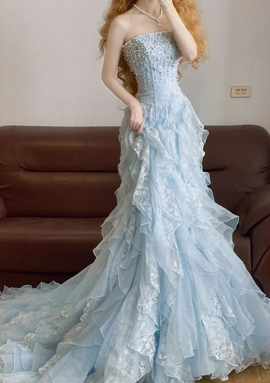 Romantic Mermaid Strapless Beaded Blue Lace Ruffle Organza Prom Dress SH3366