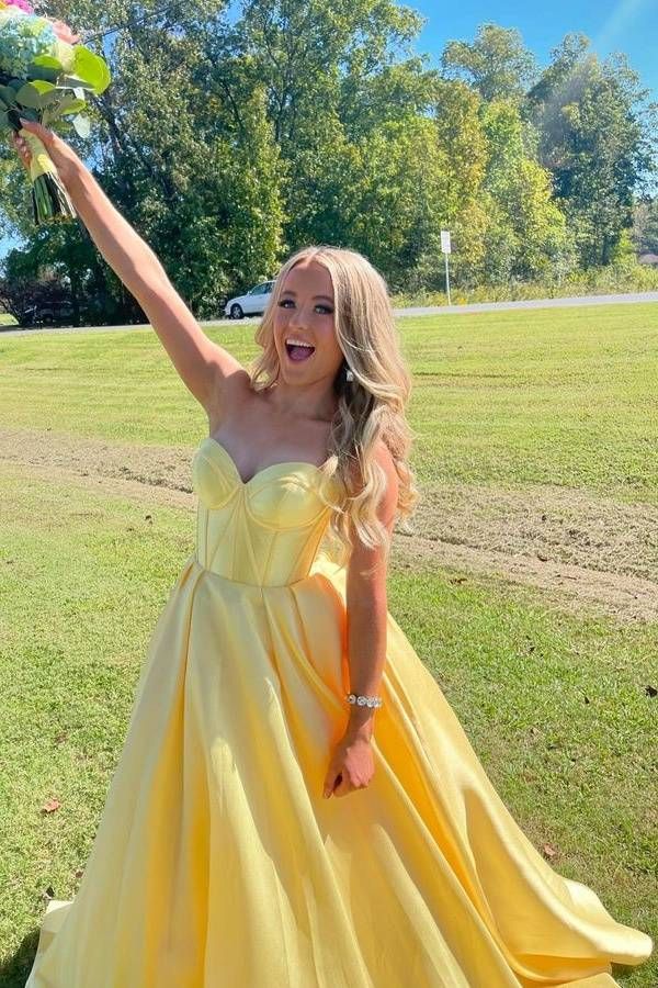 Yellow A Line Sweetheart Corset Satin Prom Dress SH1594