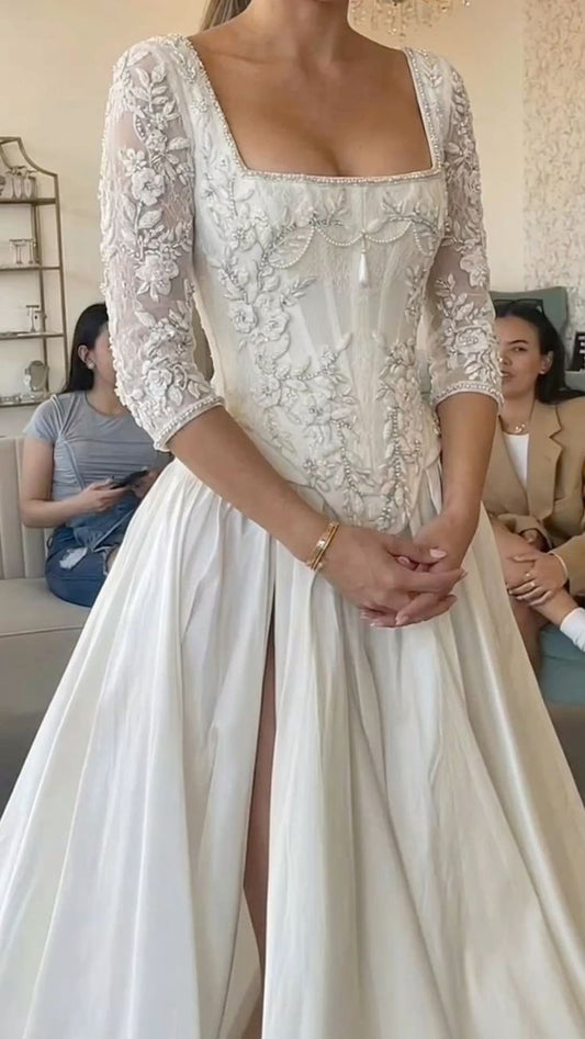 Vintage A Line Long Sleeve Exquisite Beaded Corset White Satin Long Wedding Dress SH7066
