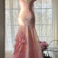 Fairytale Pink Mermaid Spaghetti Strap Beaded Ruffle Chiffon Prom Dress SH2664