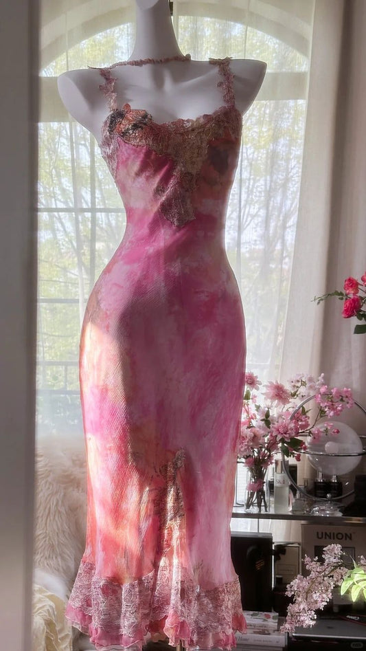 Pink Print Floral Sheath Spaghetti Straps Lace Chiffon Prom Dress Evening Dress SH3783