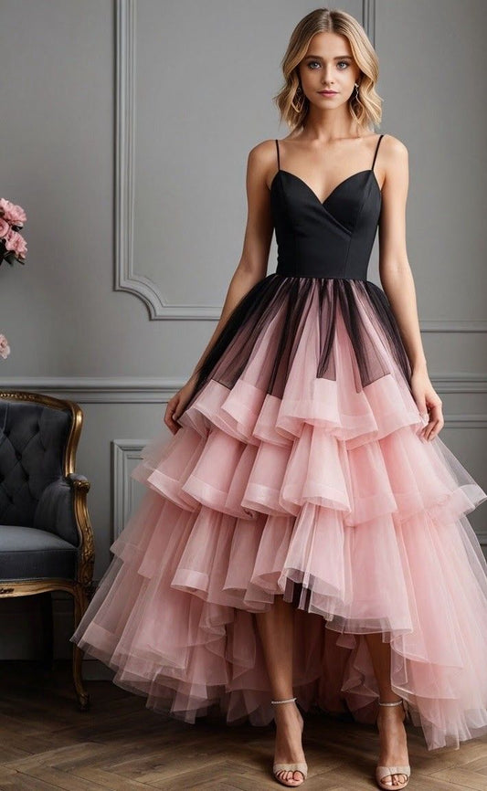 Elegant A Line Spaghetti Strap Black Satin Pink Layered Tulle Prom Dress 16th Birthday Dress SH3832