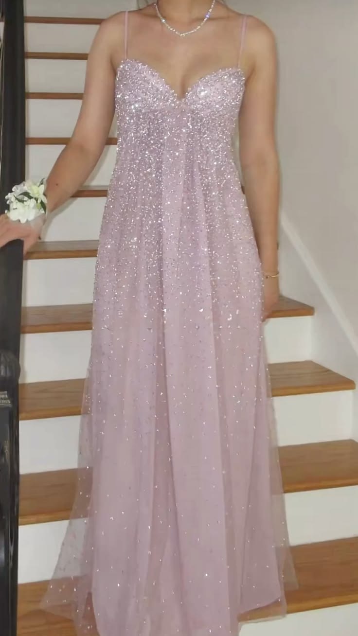 Gentle Pink A Line Spaghetti Strap Sequin Tulle Long Prom Dress Evening Dress Formal Dress SH3656