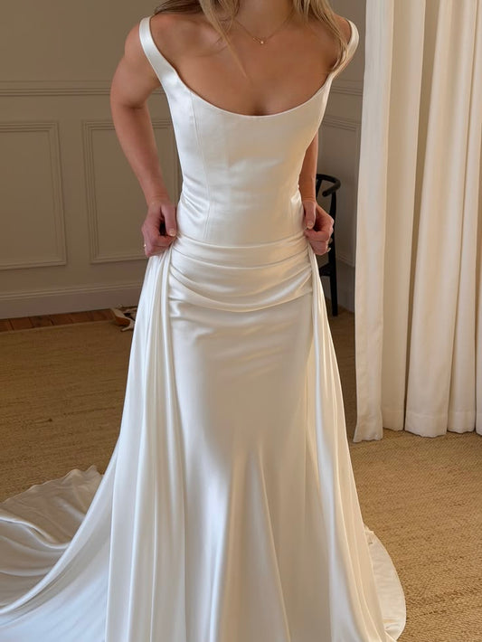 Elegant A Line Straps White Satin Long Wedding Dress SH8700