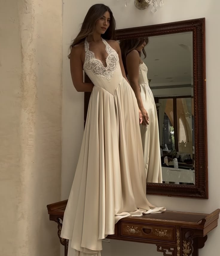 Elegant A Line Halter Ivory Lace Satin Long Wedding Dress SH7033