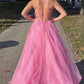 Princess Prom Dress Scoop Neck Spaghetti Straps Crisscross Pink Lace Tulle Slit SH8225