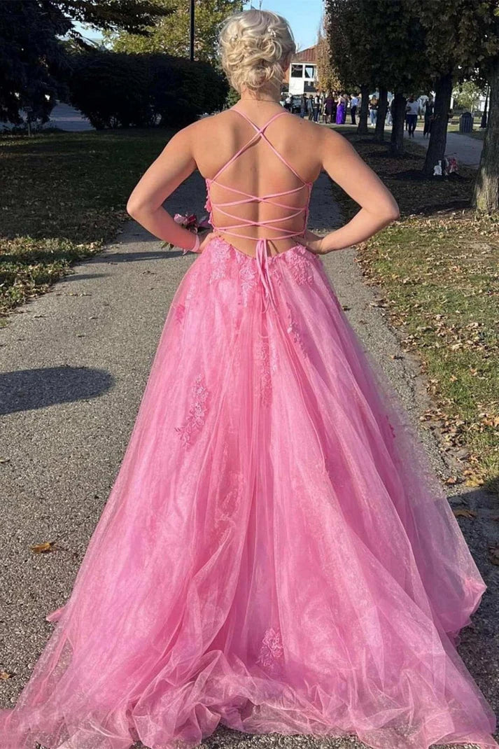 Princess Prom Dress Scoop Neck Spaghetti Straps Crisscross Pink Lace Tulle Slit SH8225