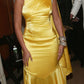 Charming Mermaid Rhinestone Yellow Satin Open Back Party Dress Evening Dress SH2793