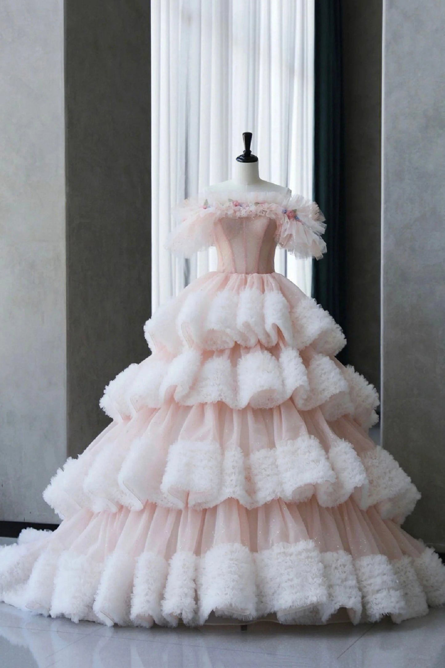 Ball Gown Off Shoulder Layered Pink Tulle Long Prom Dress SH1638