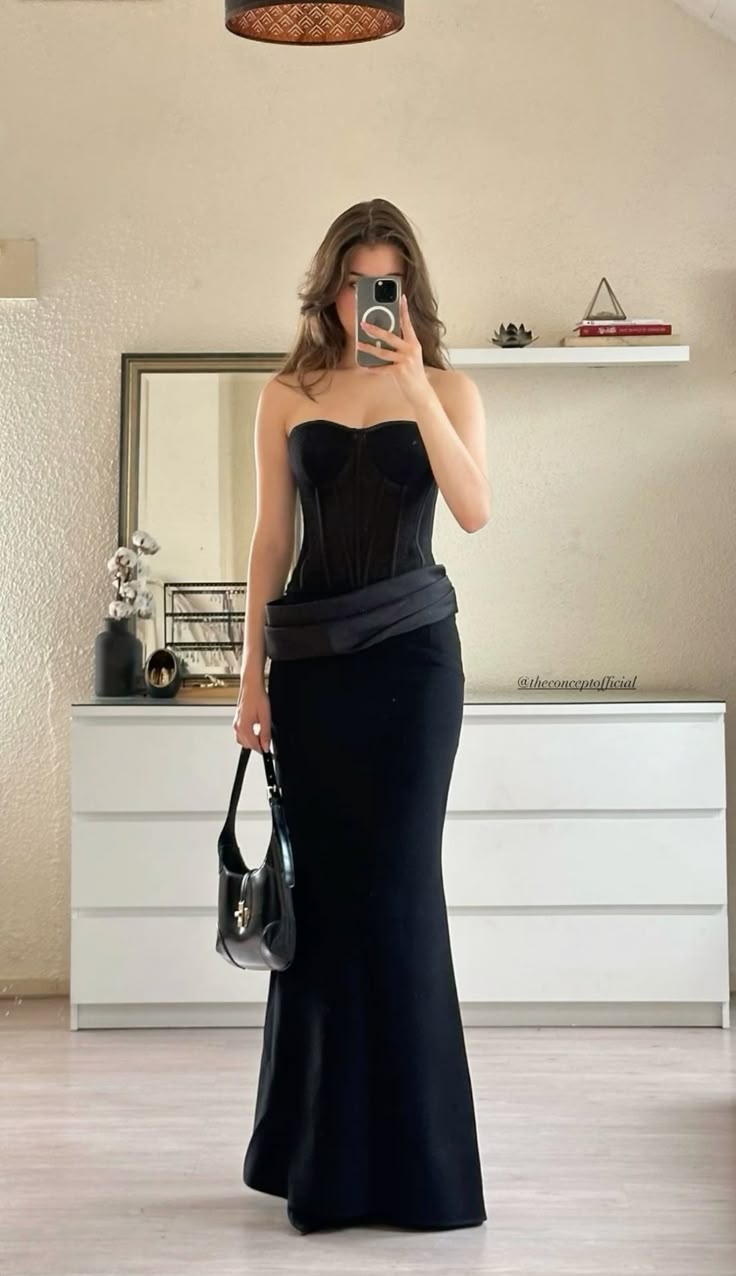Elegant Black Mermaid Strapless Corset Satin Long Prom Dress Party Dress SH8415
