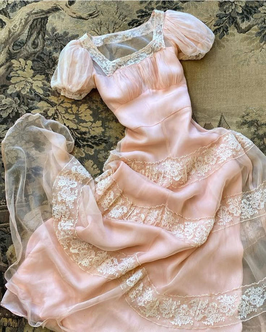 Princess A Line Puff Sleeve Lace Pink Chiffon Long Prom Dress Prom Dress SH2648