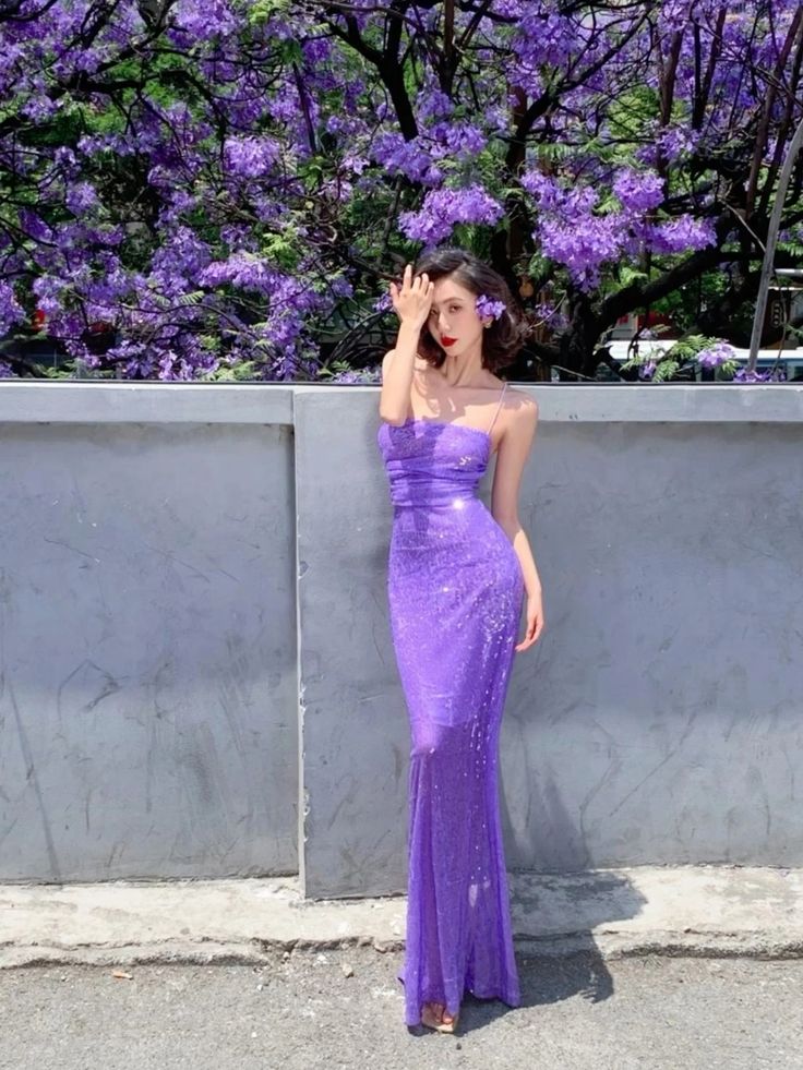 Stunning Sheath Spaghetti Strap Purple Sequin Long Party Dress Evening Dress SH2856
