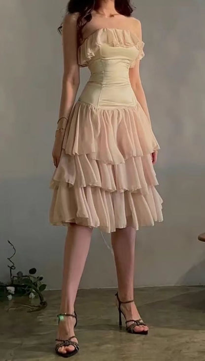Apricot A Line Strapless Layered Chiffon Satin Homecoming Dress Cocktail Dress SH3654