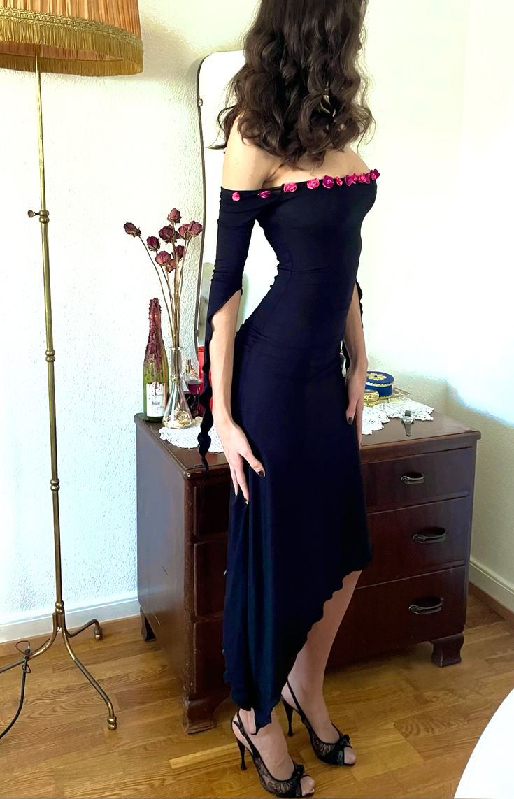 Pink Floral Sheath Long Sleeve Black Satin Long Party Dress Prom Dress SH7632
