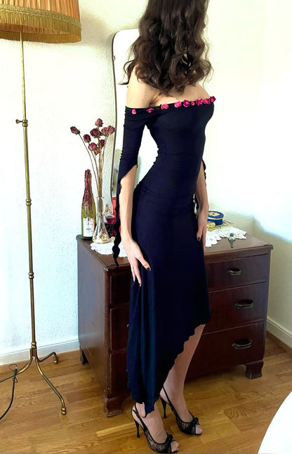 Pink Floral Sheath Long Sleeve Black Satin Long Party Dress Prom Dress SH7632