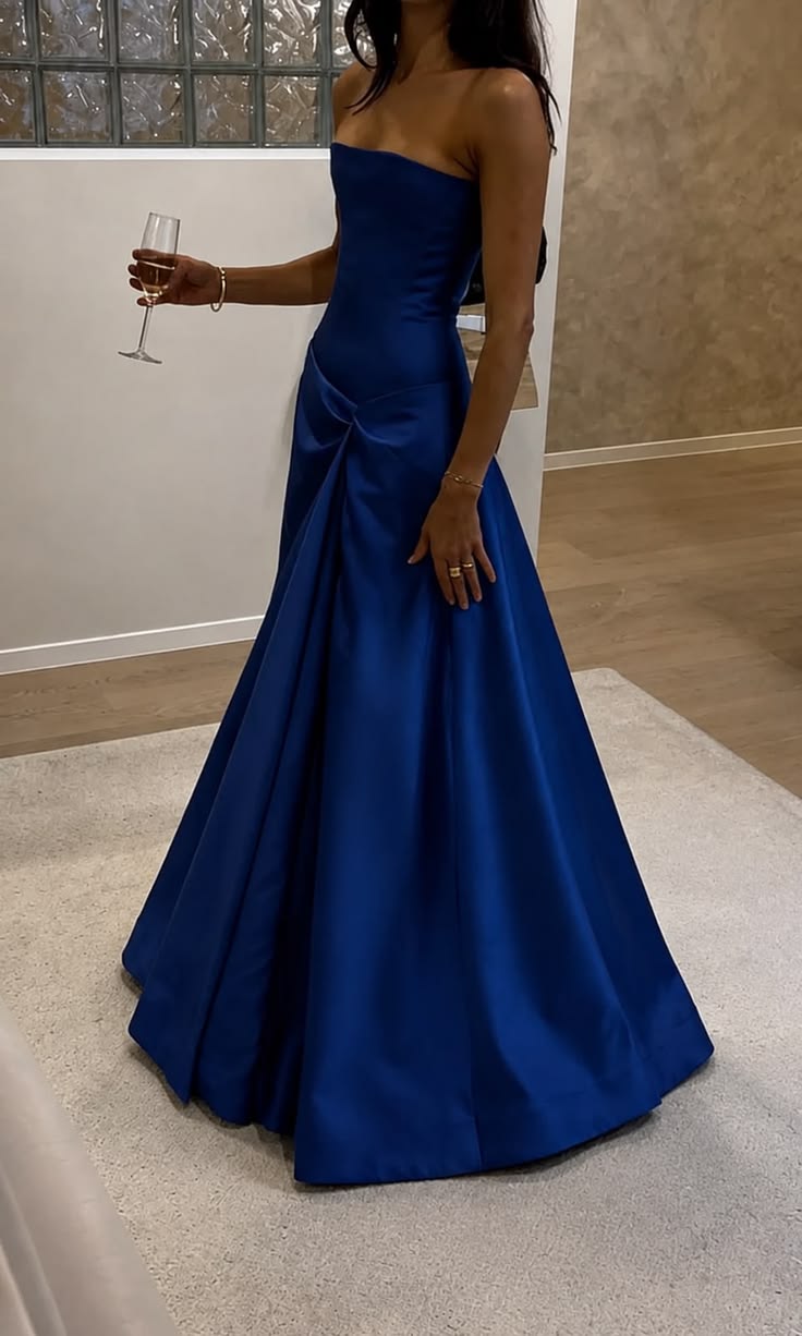 Stunning Navy Blue A Line Strapless Satin Long Prom Dress Evening Dress SH8846
