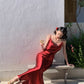Simple Burgundy Sheath Spaghetti Strap Satin Party Dress Evening Dress SH2854